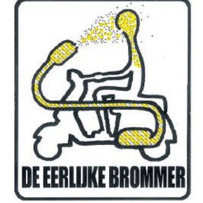 sticker met een brommer waarvan de uitlaat uitlaatgas in het gezicht van de bestuurder blaast