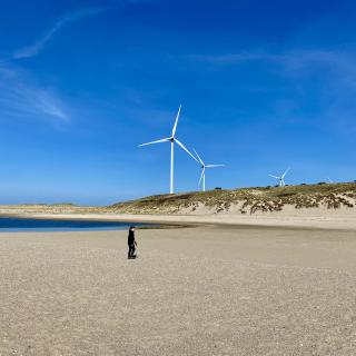 jongen op het strand met in de verte een windmolen