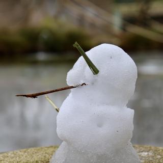 Kleine sneeuwpop met takken als armen en neus op een steen bij water.