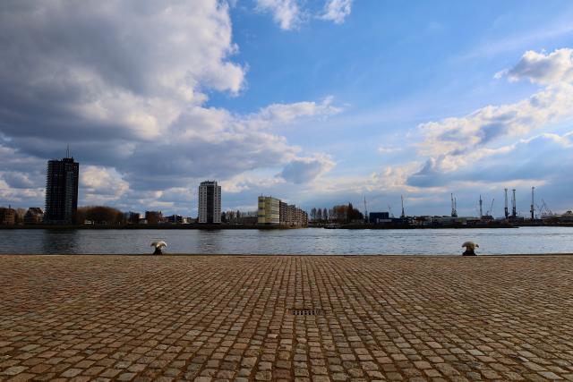 Een stenen kade met twee meeuwen, uitzicht op een rivier met gebouwen en kranen onder een bewolkte hemel.