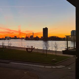 Zonsopgang boven een rivier met een stadssilhouet en een groen park met een sculptuur op de voorgrond.